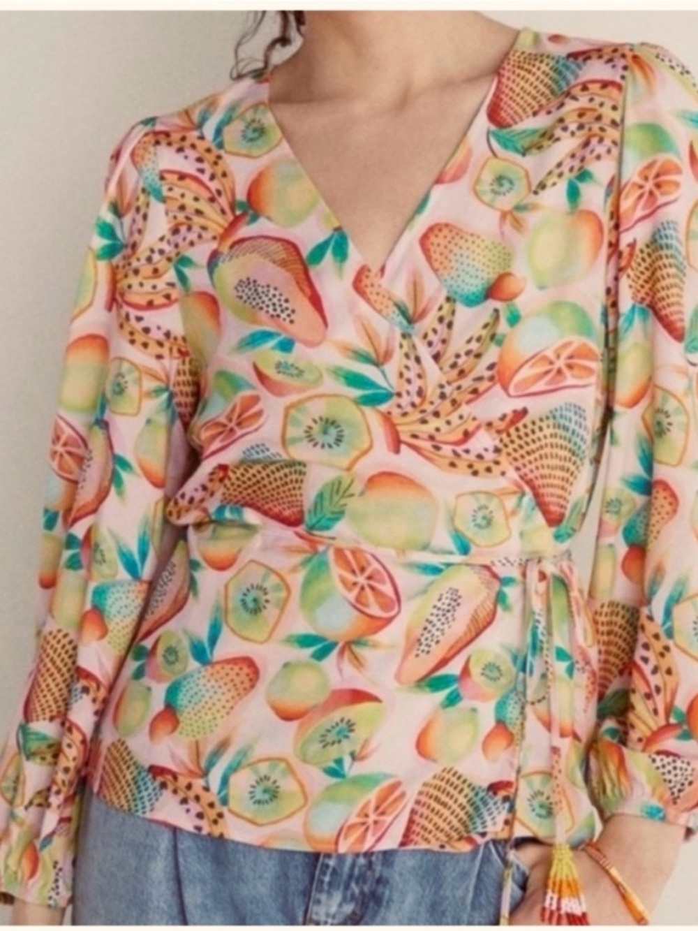 NWT Farm Rio Rainforest Tropical Fruit Print Wrap Blouse, XS